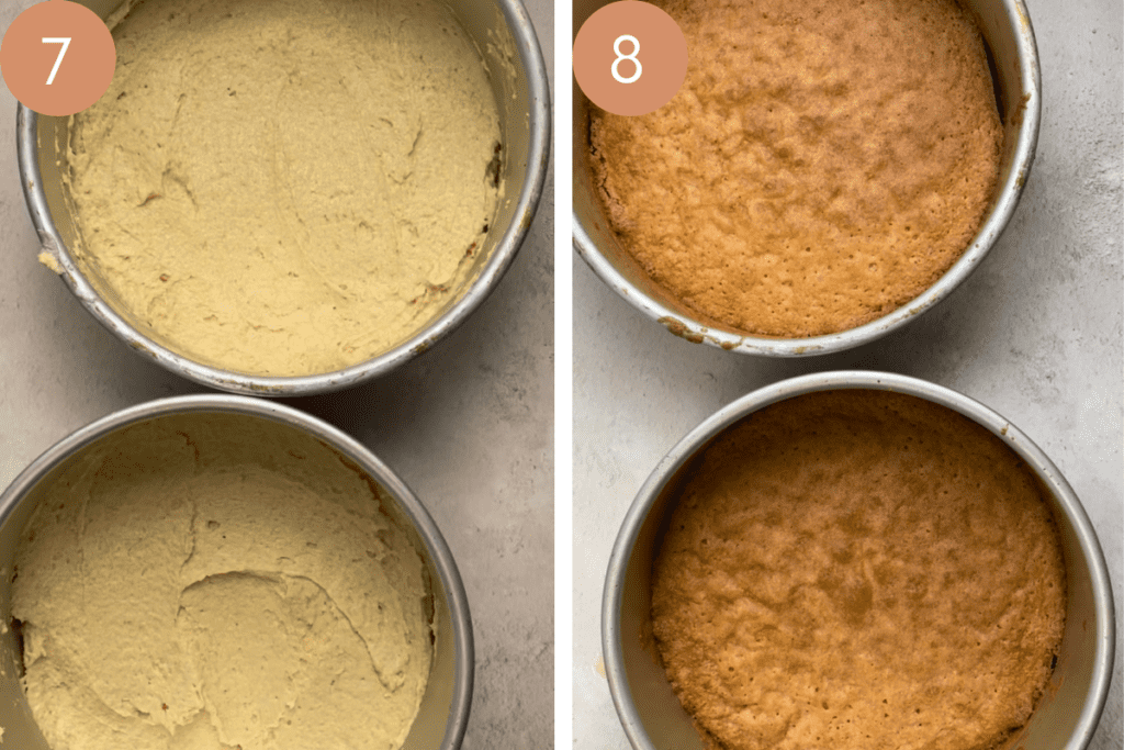 cake batter in two tins before oven and baked cake sponges in their tins