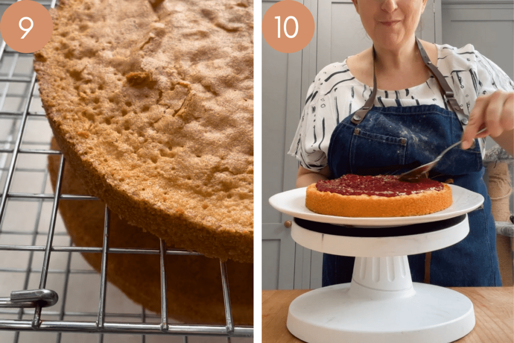 process images showing cake sponges on a wire rack and then cake on a stand with baker applying raspberry jam