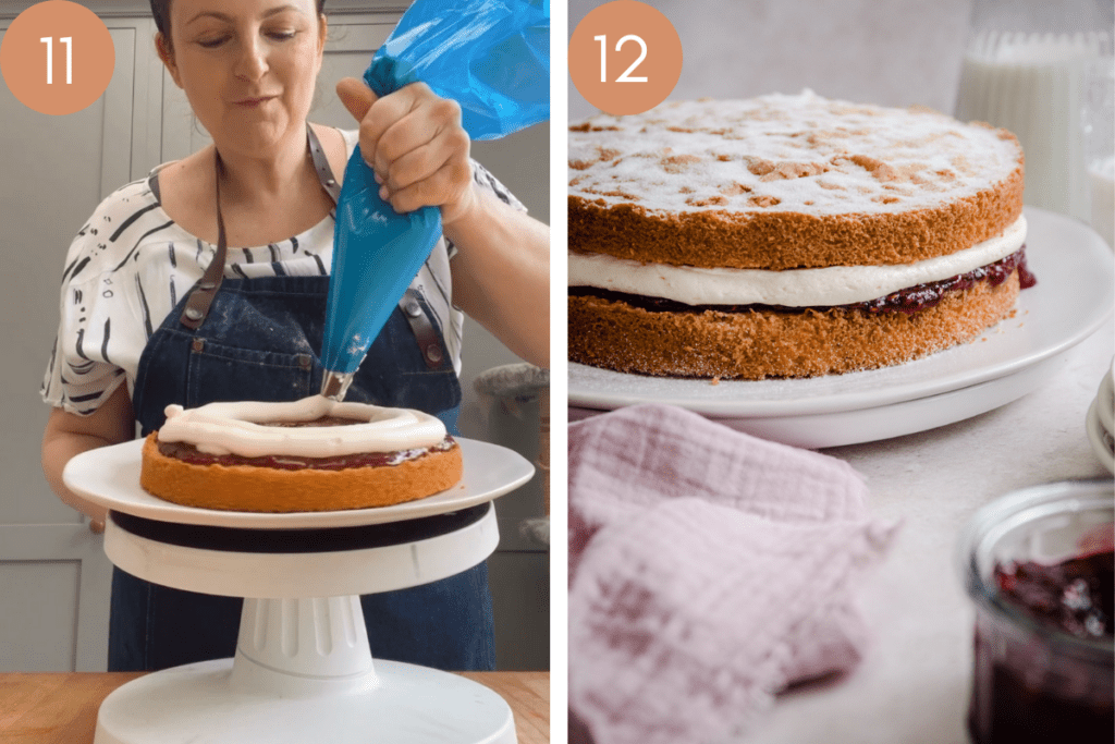 process images showing victoria sponge on a stand with baker applying buttercream and then the finished cake on a plate