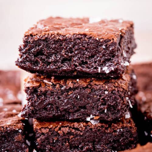 close up stack of almond flour brownies.