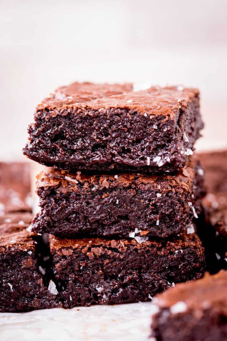 close up stack of almond flour brownies.