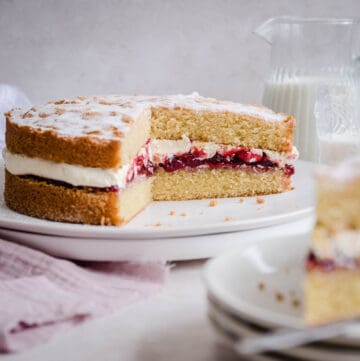 ictoria sponge on a plate with slice taken out next to slice on a plate