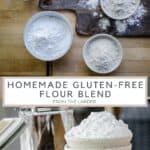 pin image of gluten-free flours in bowls on a wooden table with title text in between