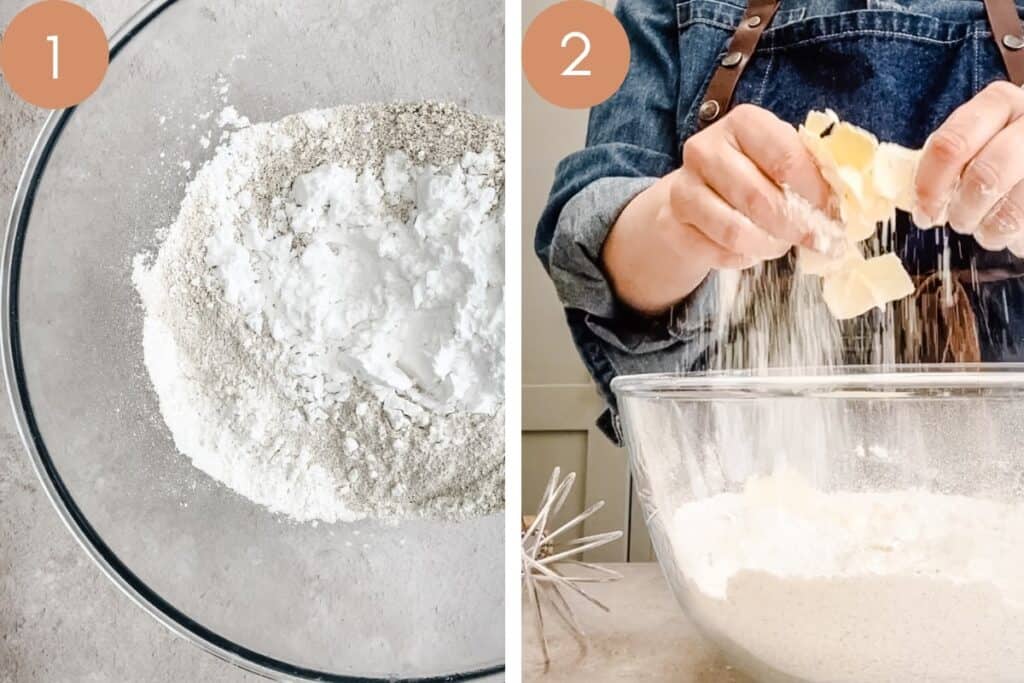 2 images of scone dough being mixed in mixing bowl