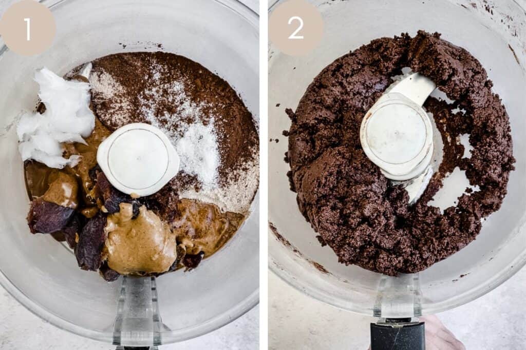 protein ball ingredients in food processor before and after blending