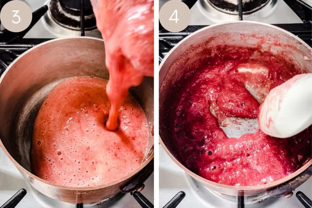 Process images showing strawberry puree being cooked in saucepan