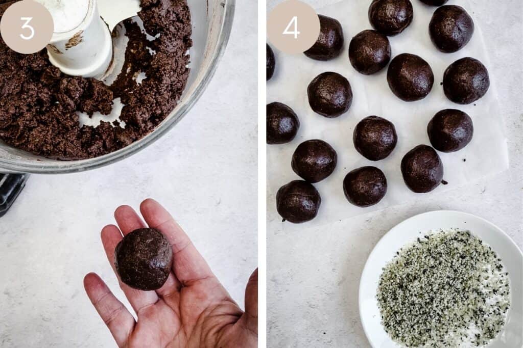 protein ball in hand. Protein balls on parchment next to hemp seeds.