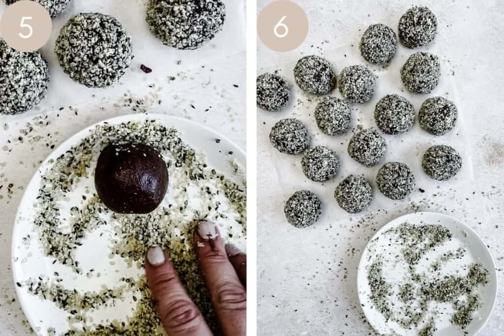protein balls being rolled in a dish of seeds then shown lined up on parchment