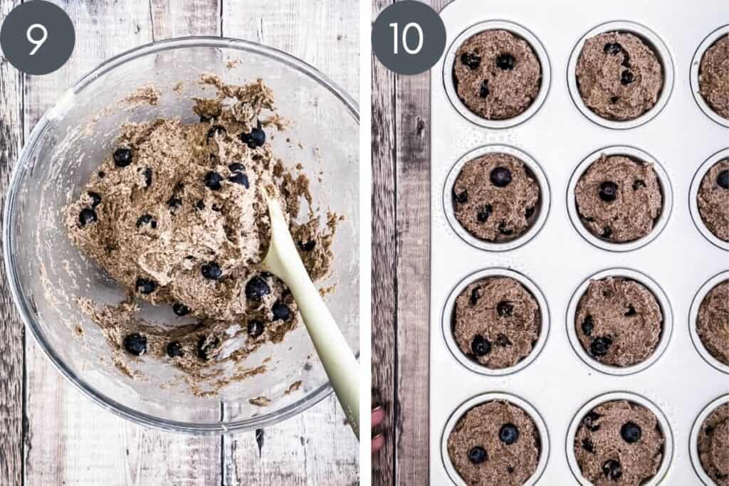 process images for blueberry muffins showing mixture in bowl and then in muffin tin