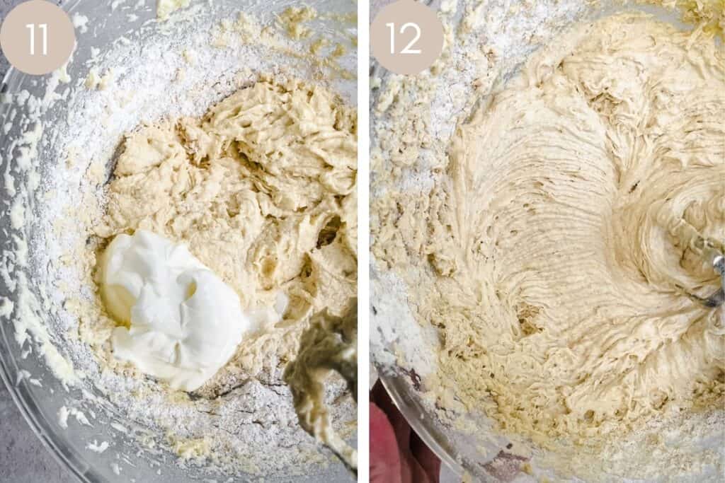 Process images showing cake ingredients being mixed in glass bowl