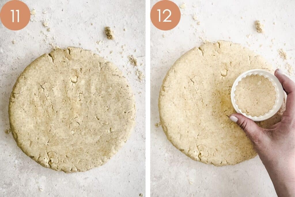 scone dough in a circle and with cutter over dough