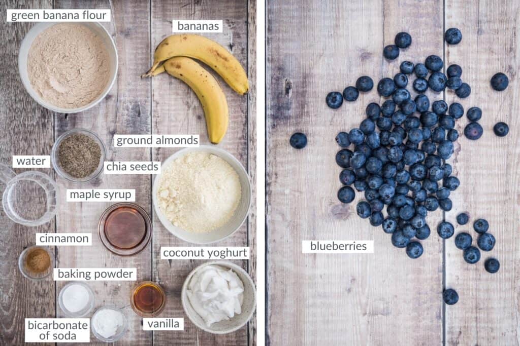 ingredients for blueberry muffins on table