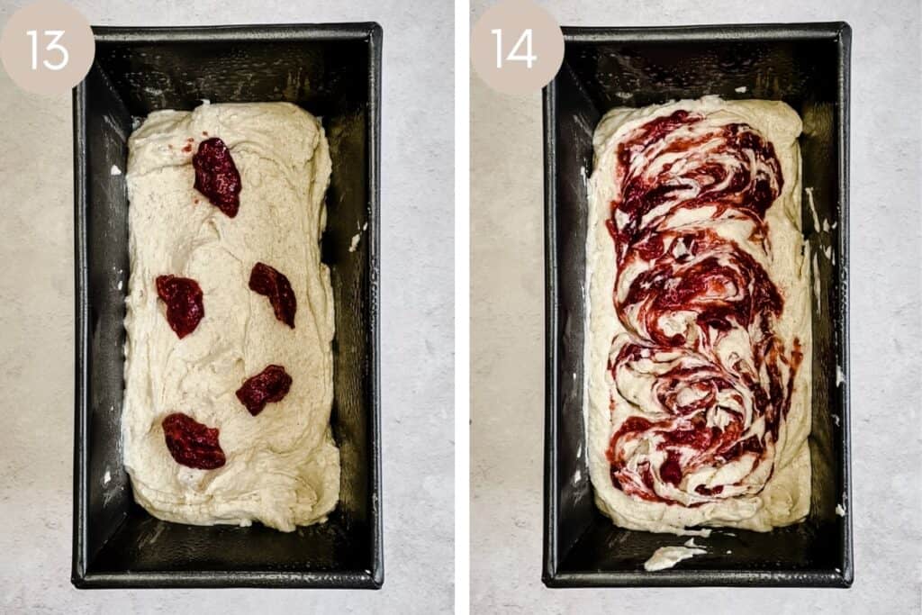 process images showing cake mixture in tin with strawberry puree dolloped and then swirled in.