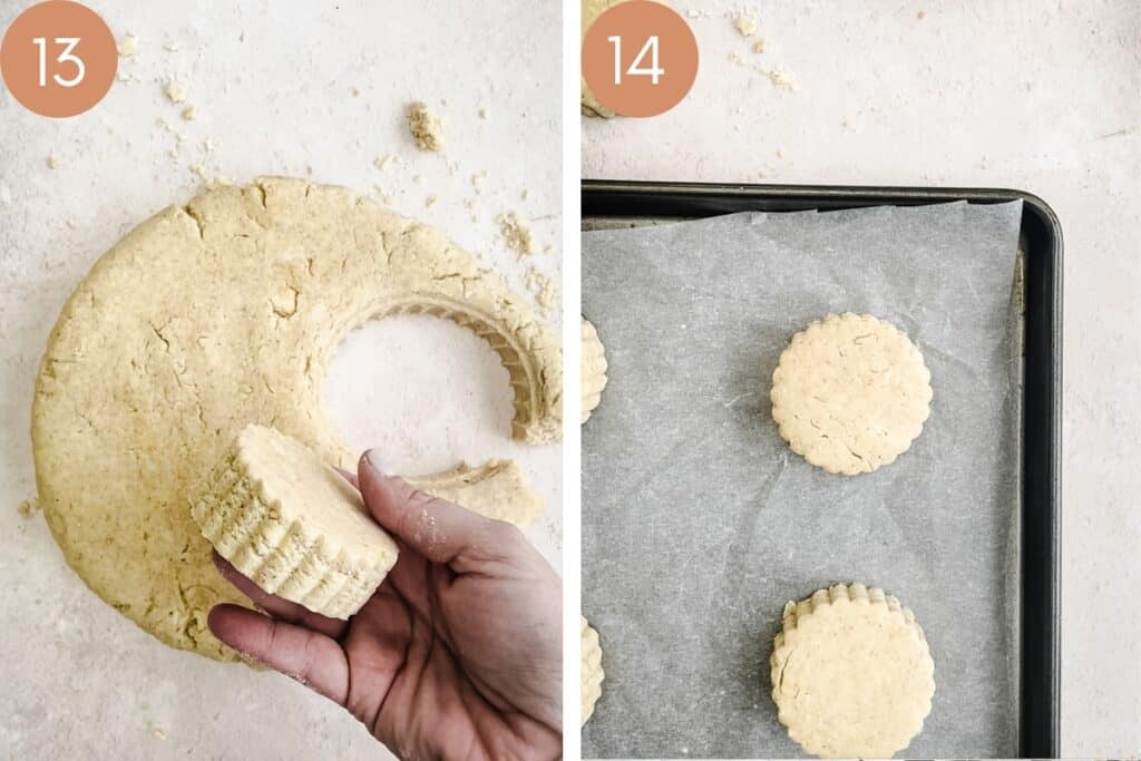 process images showing scones being cut out of dough and placed on baking tray