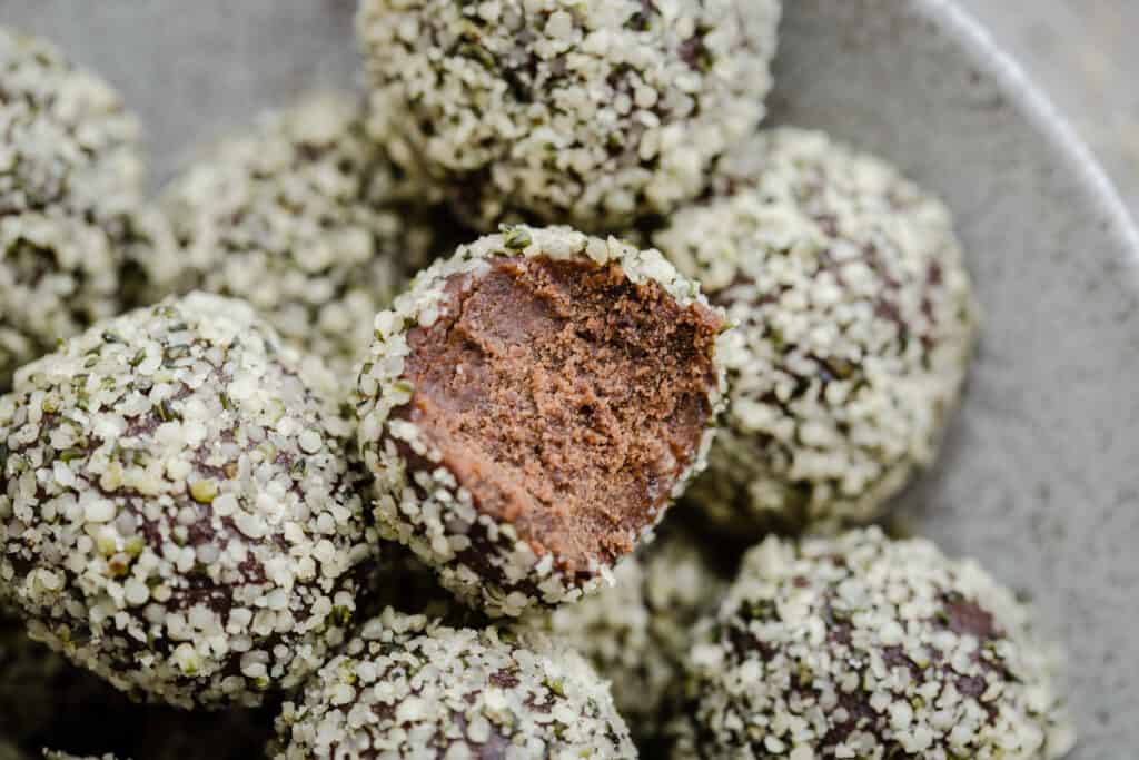 close up of protein balls in bowl
