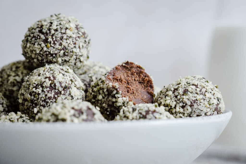 chocolate protein balls in bowl