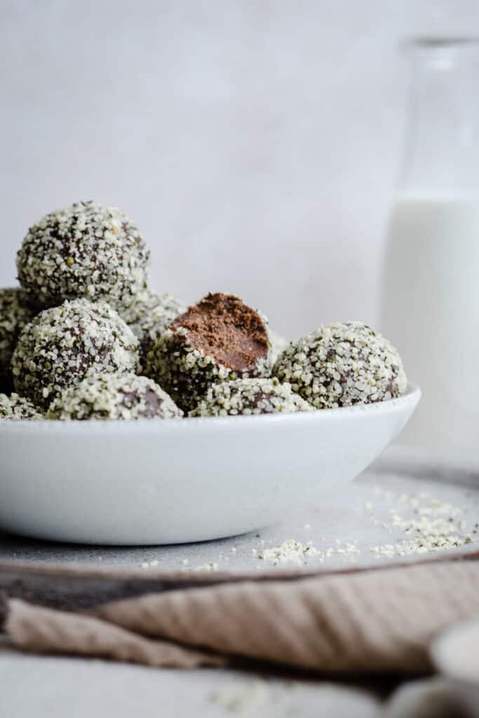 chocolate protein balls in bowl