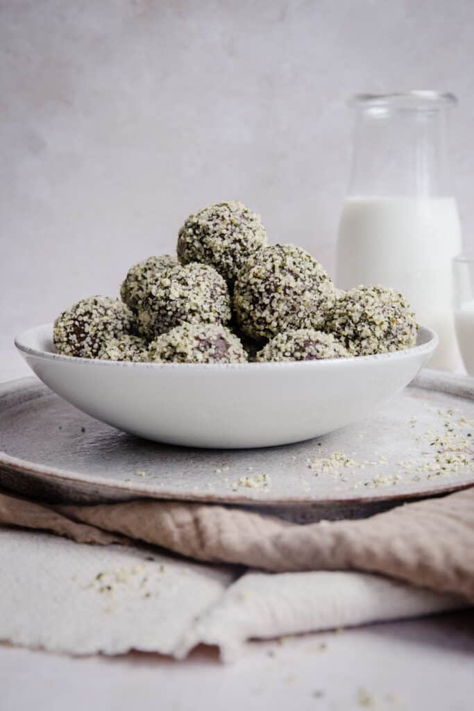 chocolate protein balls in bowl