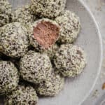 close up of protein balls in a bowl