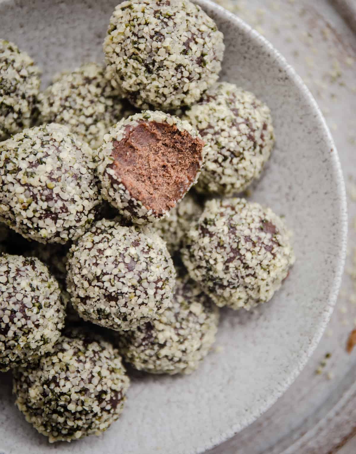 close up of protein balls in a bowl