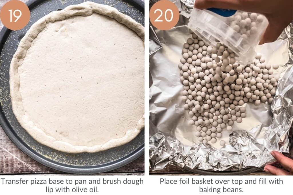 images showing pizza dough on pan and then pizza down with foil and baking beans