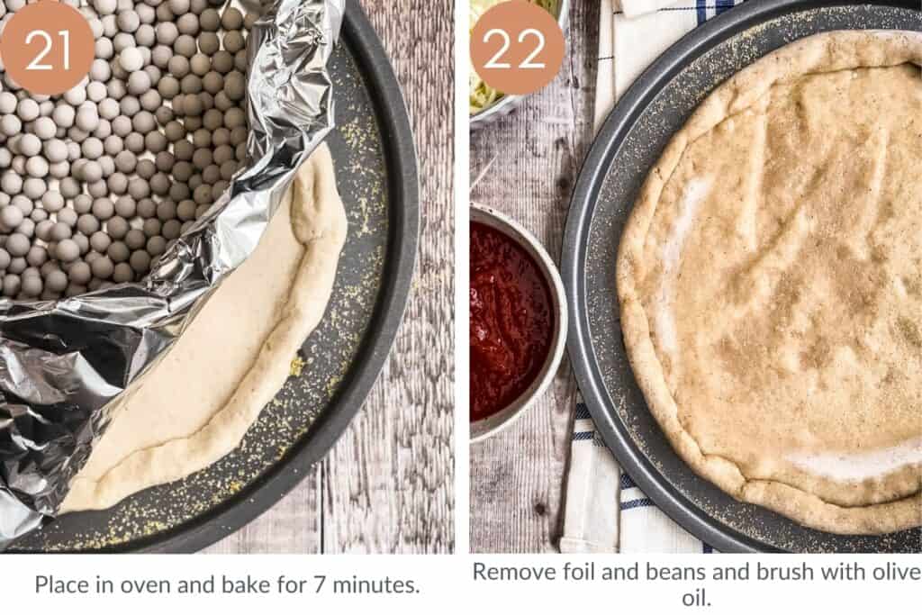 images showing pizza crust with foil and baking beans and then baked on a pizza pan