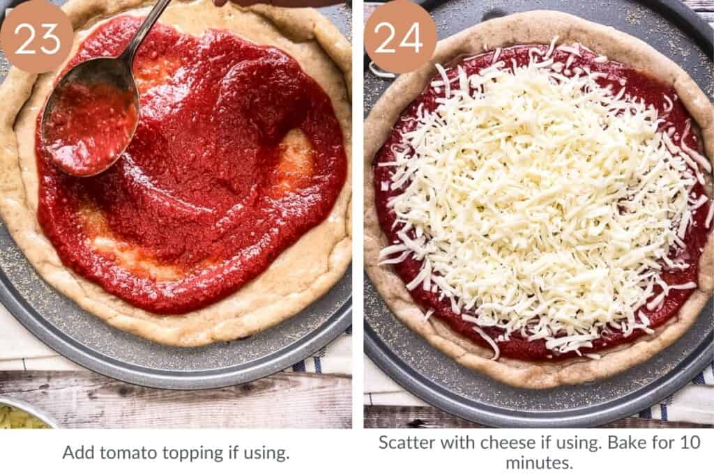images showing toppings being put on pizza crust