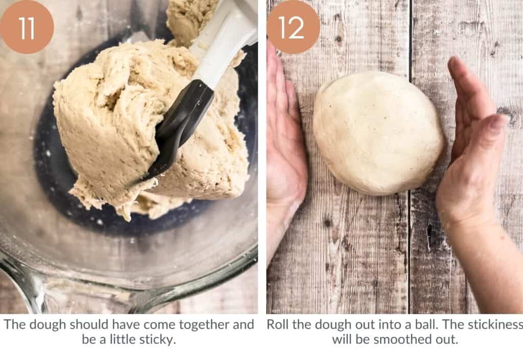 images showing pizza dough in mixer and being rolled.