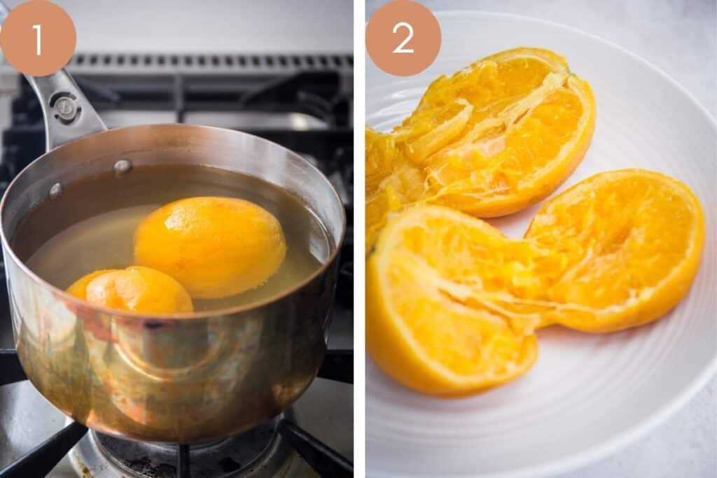 whole oranges in a pan and boiled oranges cut in half