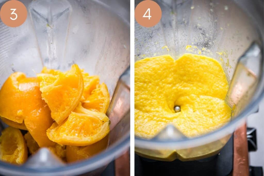 boiled oranges in a blender and orange puree in a blender