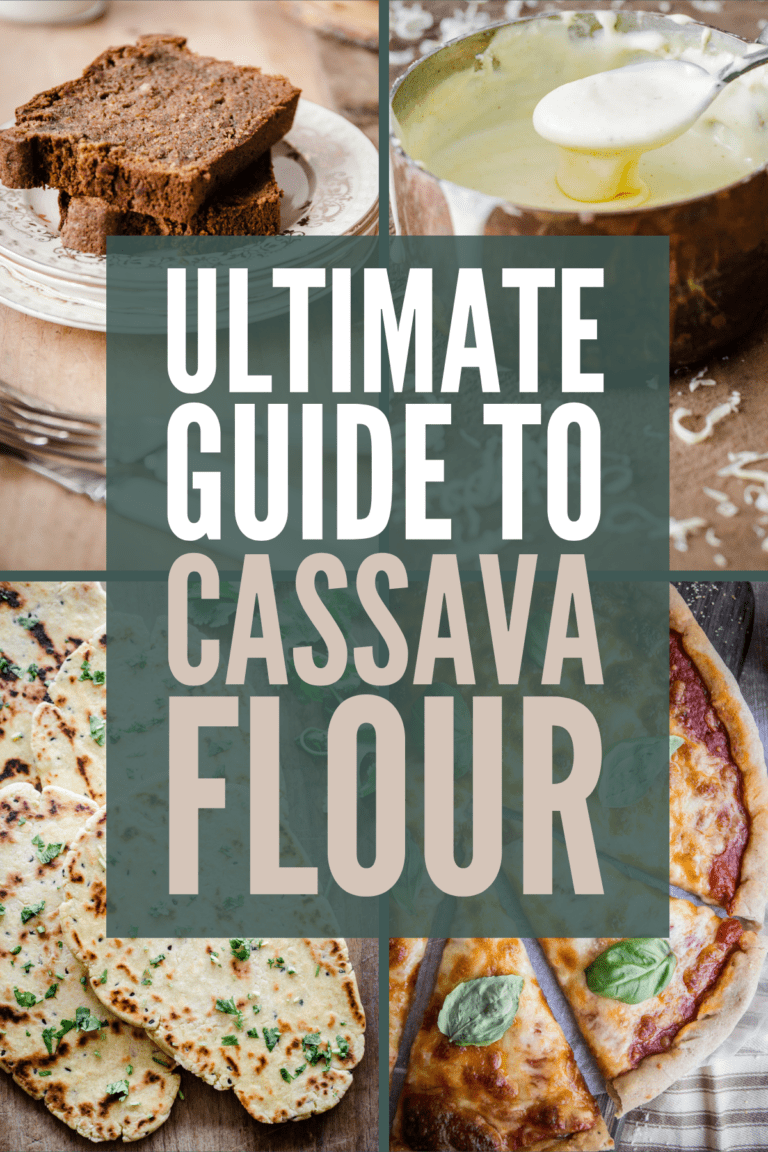 pin image of ultimate guide to cassava flour. Showing title of post infront of images of bakes that feature cassava flour