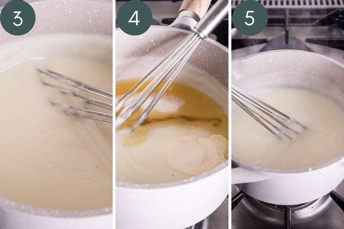 process images showing saucepan full of brandy sauce at stages in the recipe