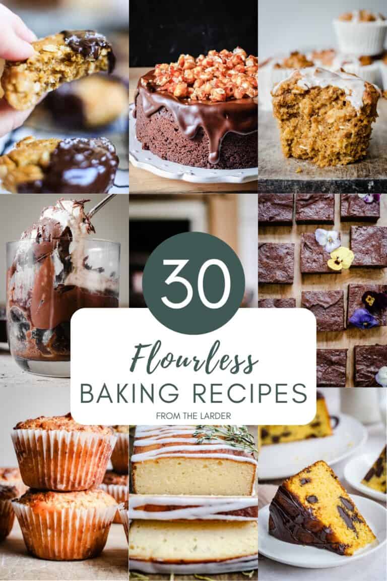 Image showing different flourless recipes with title of post in the middle
