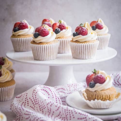 gluten free vanilla cupcakes on stand
