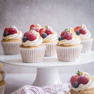 gluten free vanilla cupcakes on stand