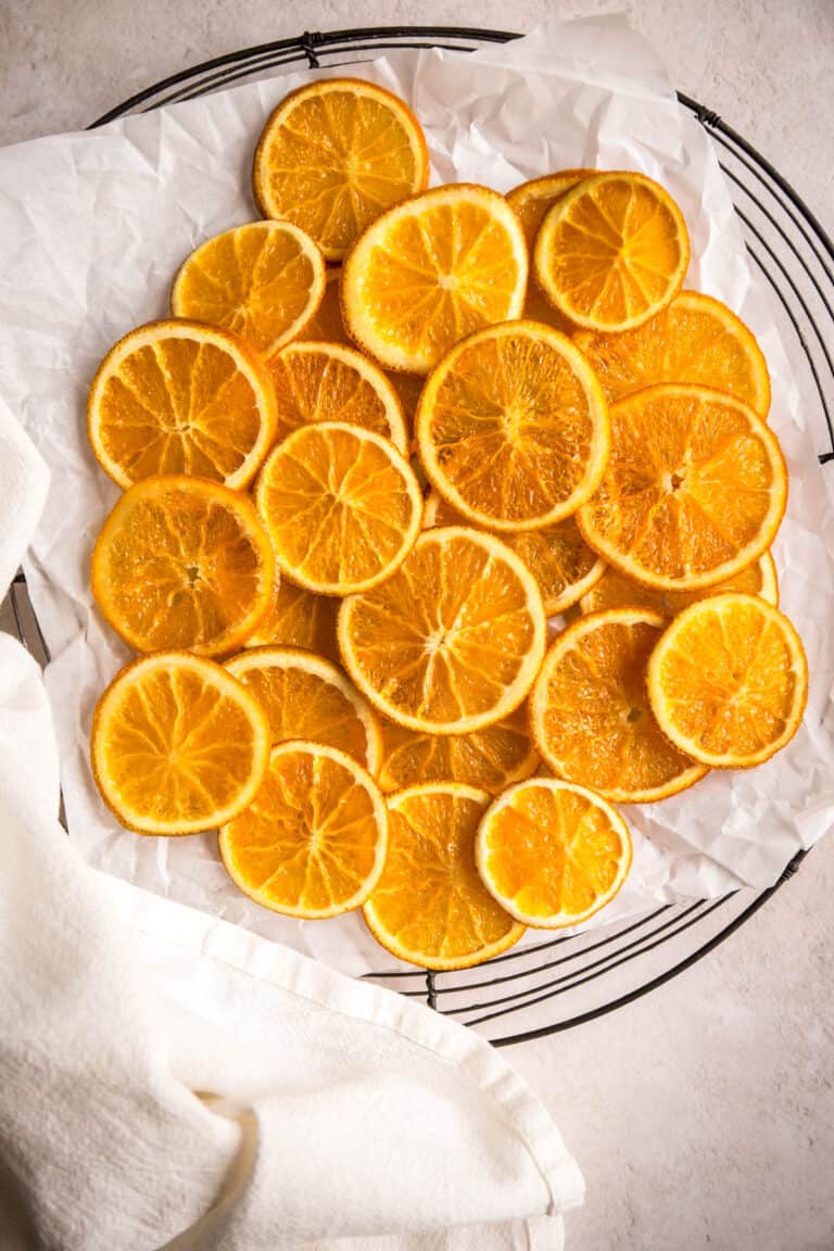 Candied orange slices on wire rack