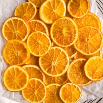 Candied orange slices on wire rack