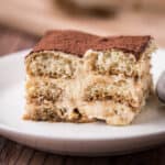 Perfect square of gluten-free tiramisu showing all the layers.