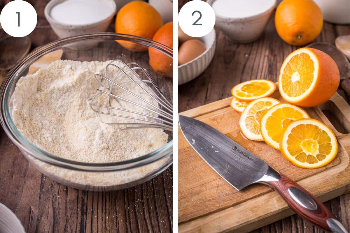 Gluten-free flours mixed in a bowl next to thinly sliced oranges and a sharp knife