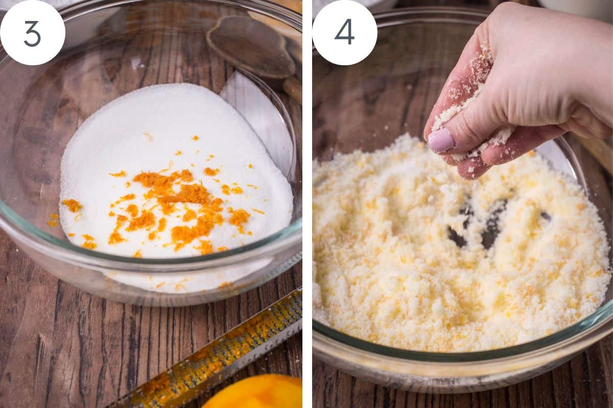 orange zest in a bowl of sugar, finger tips rubbing the zest into the sugar so the sugar looks orange.