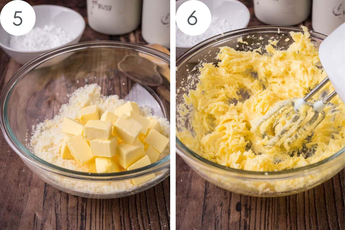 butter in bowl of orange sugar and electric hand mixer beating them together.