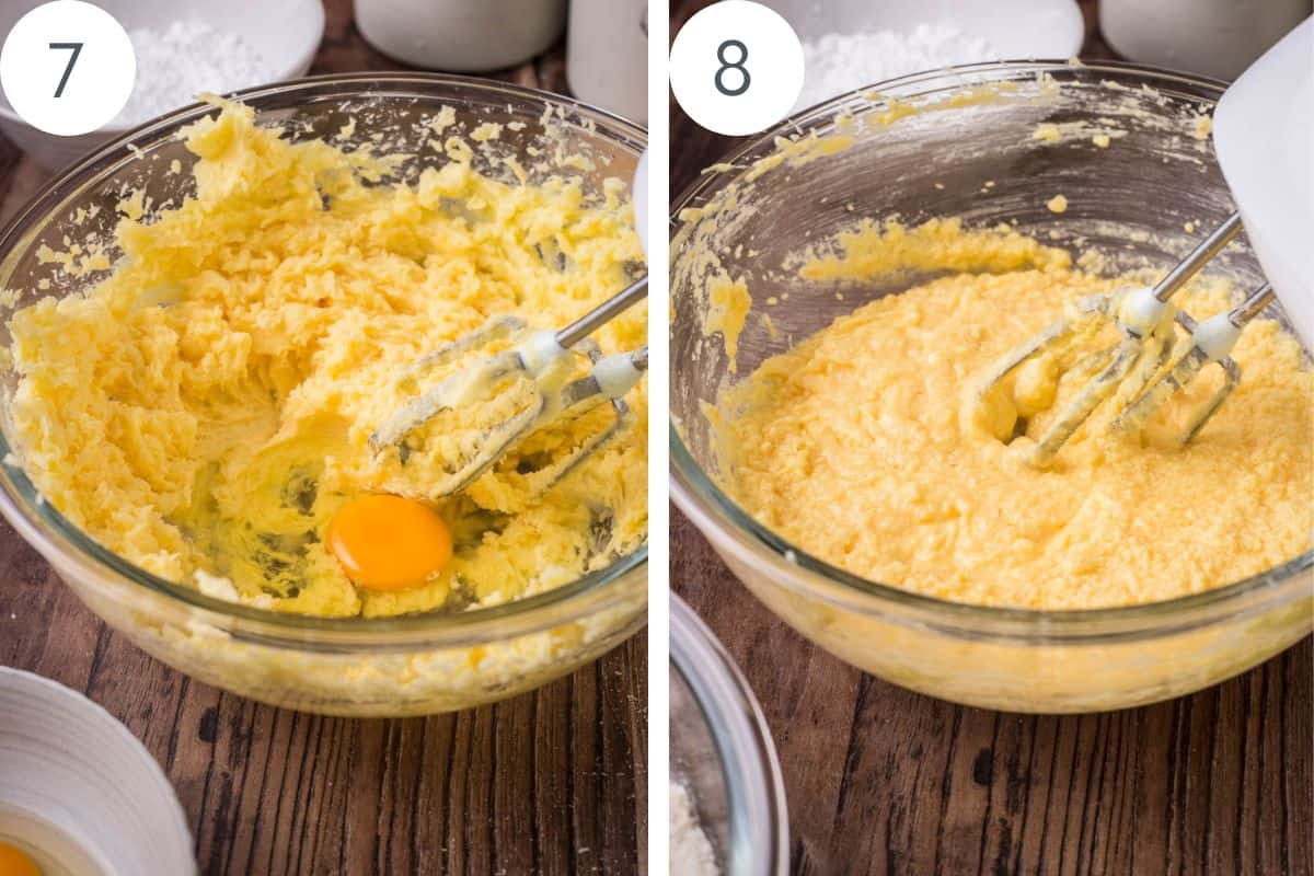 eggs added to egg and sugar mixture so the mixture becomes loose.