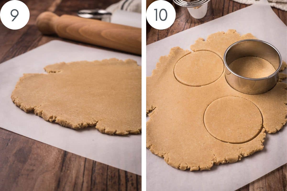 Biscuit dough rolled out between parchment paper, then with circles cut out.