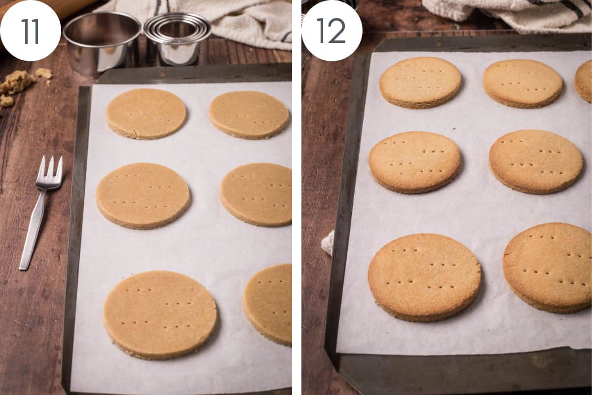 Gluten-Free Digestive Biscuits on a baking tray lined with parchment before and after baking.