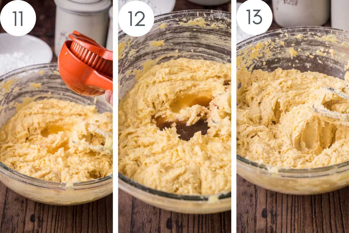 orange juice squeezed into cake batter followed by the vanilla. bowl full of mixed batter with electric hand whisk.