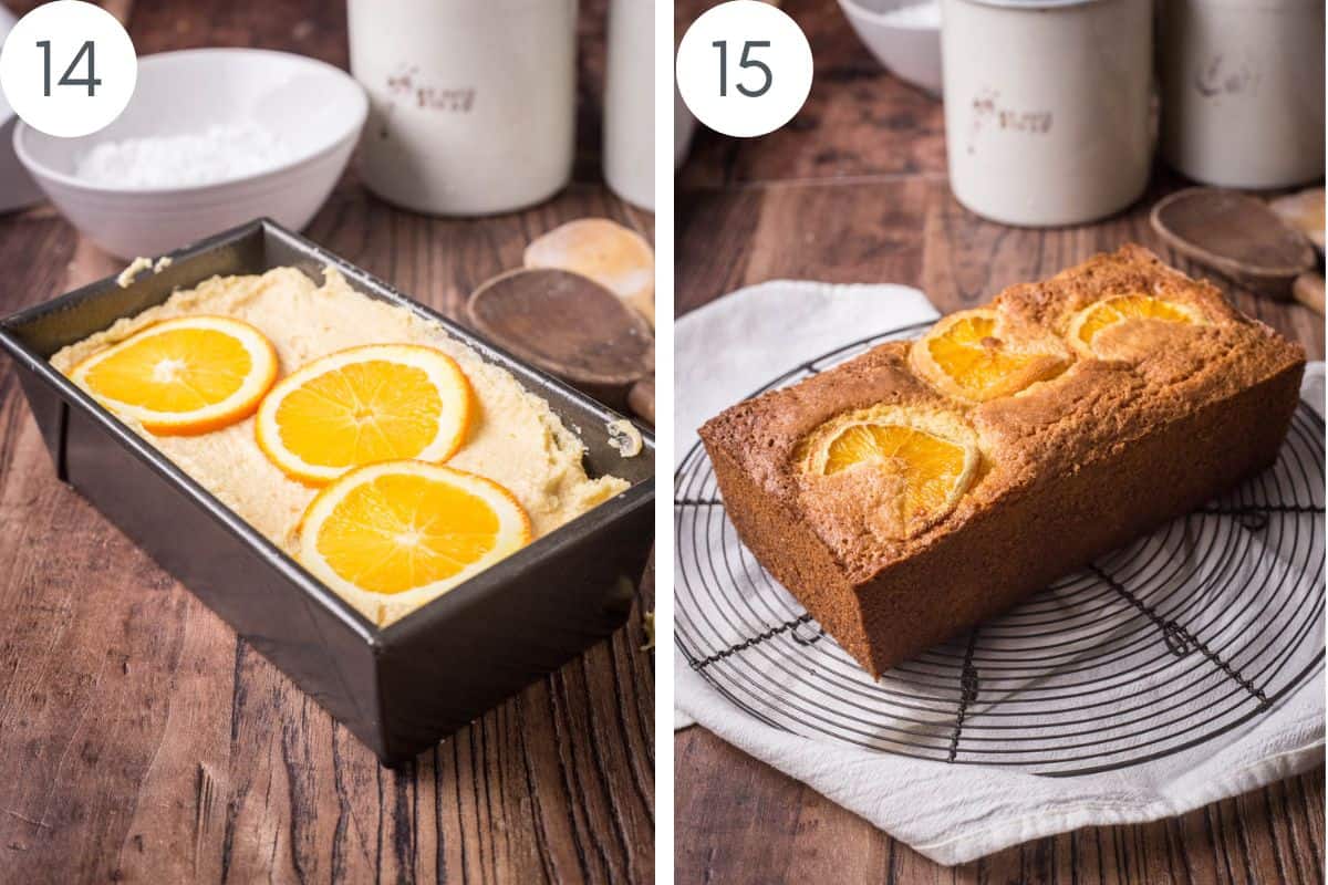 cake tin full of orange cake batter with orange slices placed on top. Then cake golden. brown after baking