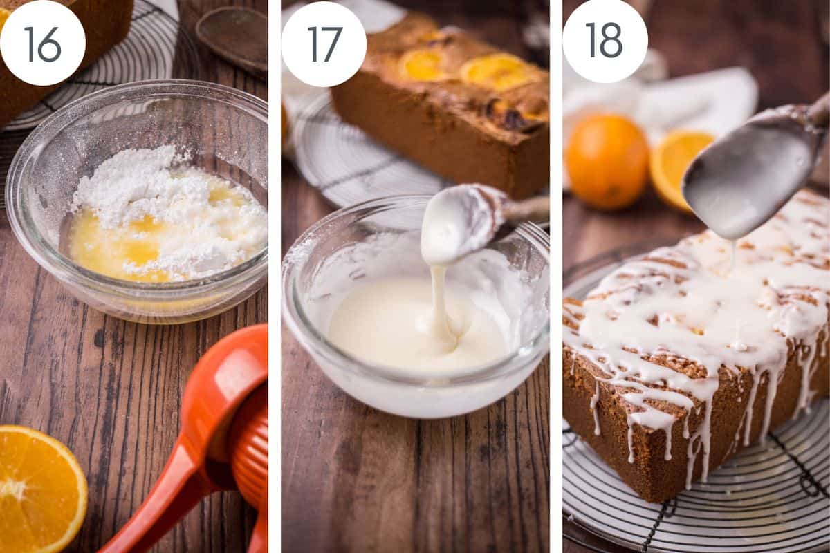 orange juice and icing sugar in a bowl, then showing thickly mixed in a bowl, then showing it being drizzled over the cake with a spoon.