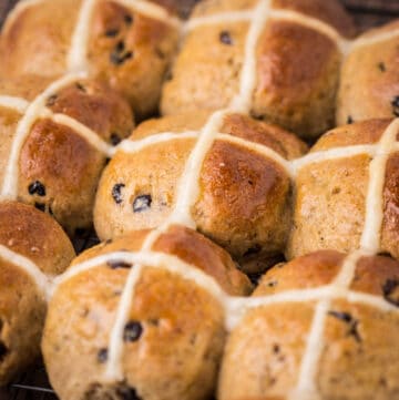 Hot Cross Buns packed together fresh from the oven.