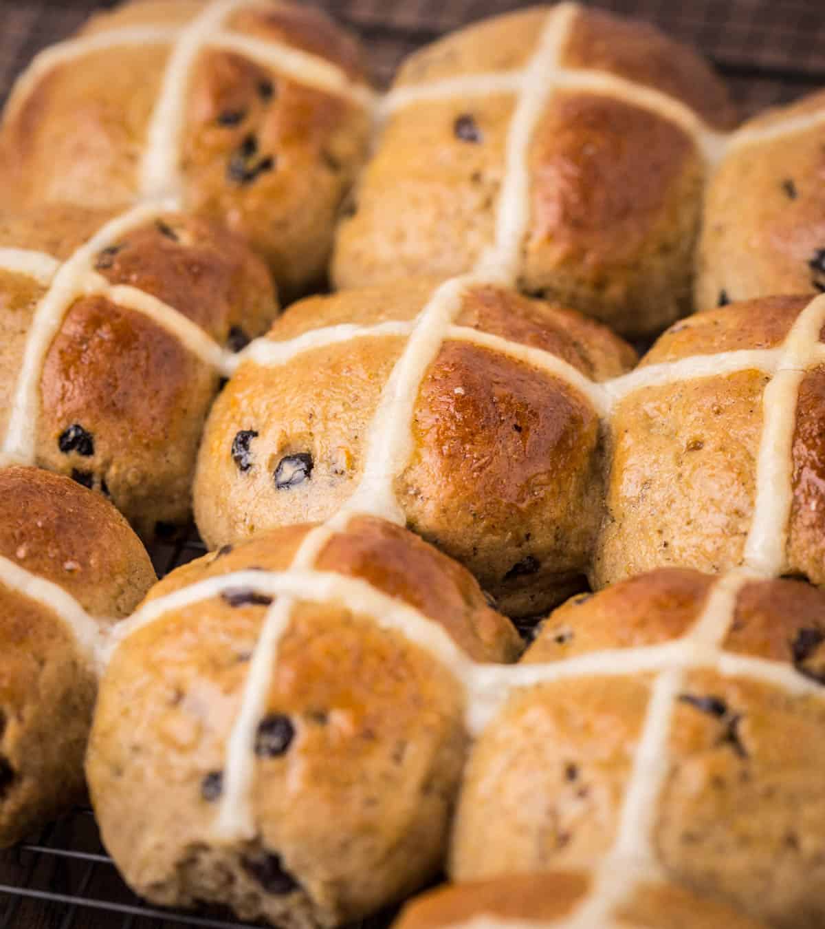 Hot Cross Buns packed together fresh from the oven.