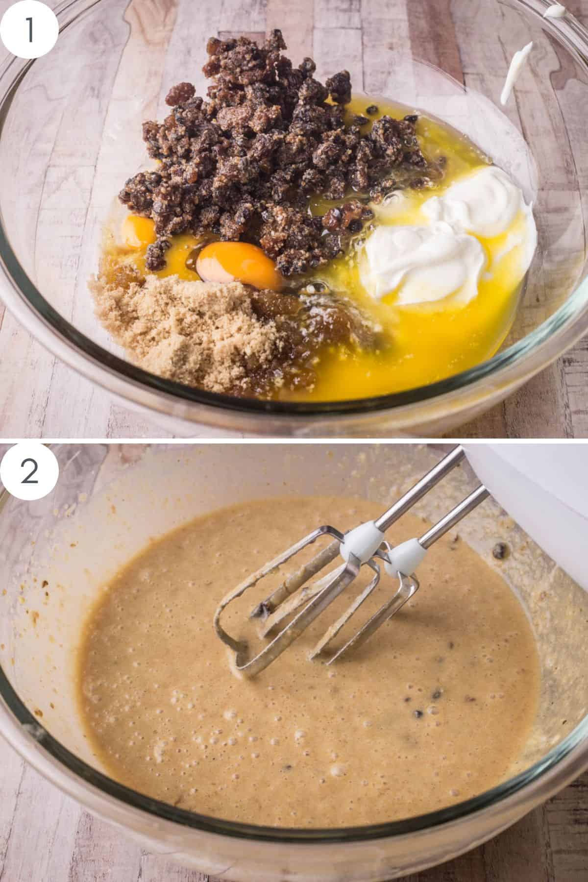 Wet ingredients in a glass bowl then whisked together.